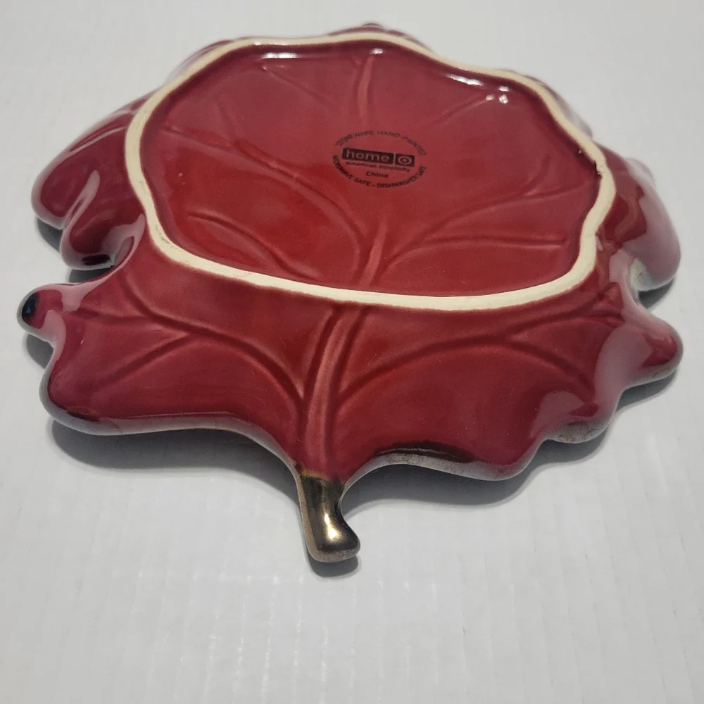Stoneware Hand Painted Red Leaf bowl with gold trim